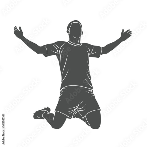 Silhouette of a Kneeling Soccer Player Celebrating Victory with Arms Open Wide in a Solid Gray Color