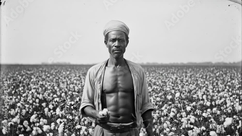 An African slave man in a cotton field looking directly at the camera a classic and emotional black and white image of history agriculture and a person's life