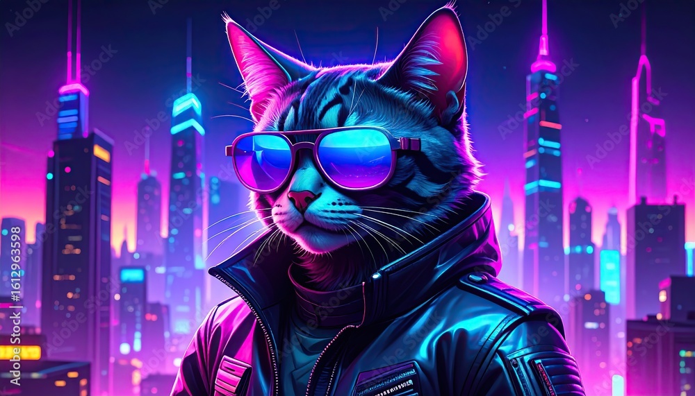 Fototapeta premium Cool cat in sunglasses, leather jacket, futuristic city backdrop.