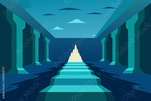 Blue-hued temple corridor with ancient stone columns, long perspective, and subtle light and shadow