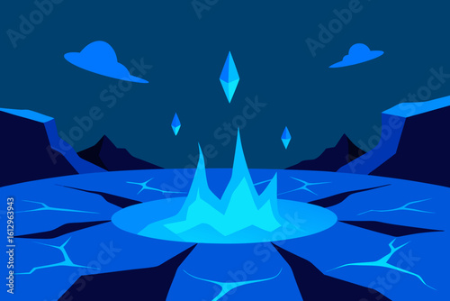 Abstract blue vector illustration of a winter landscape with stars, mountains, snow, and an ocean