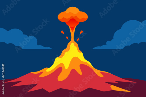 Dramatic Fuji volcano eruption in the sky with burning clouds over a snow-capped mountain landscape at sunset