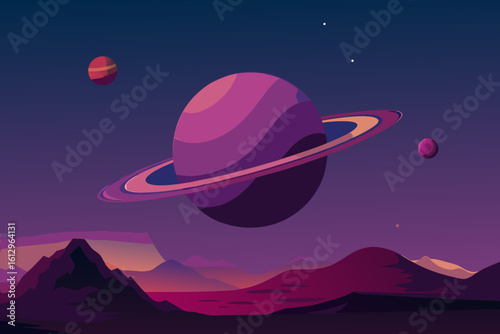 A lone UFO traverses a mystical night desert landscape, soaring over tranquil seas toward a moonlit mountain, its silent journey illuminated by countless stars