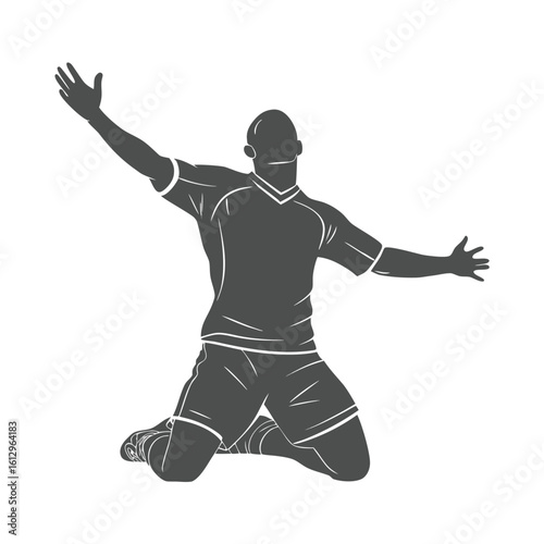 Silhouette of a Kneeling Soccer Player Celebrating Victory with Arms Open Wide in a Solid Gray Color