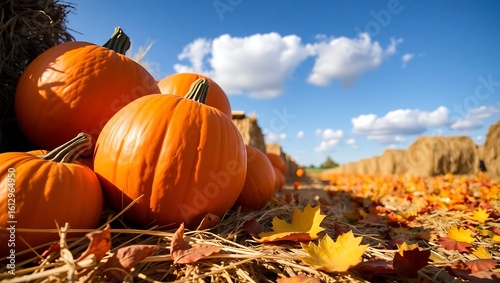 Close up of pumpkins with hay bales and fall leaves under a blue sky with white clouds