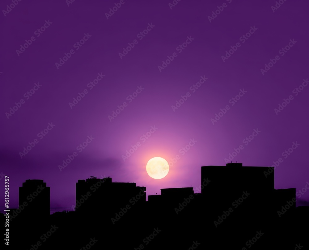 Fototapeta premium Silhouetted city at dusk, full moon