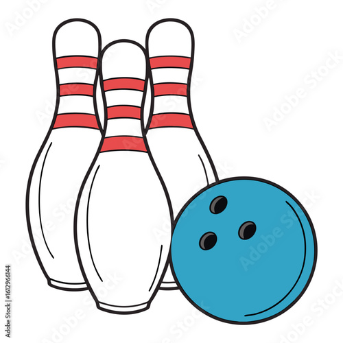 Cartoon Illustration of Bowling Pins and Blue Bowling Ball