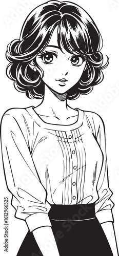 劇画風 微笑む大人の女性 レトロ 線画風 漫画風 ベクター