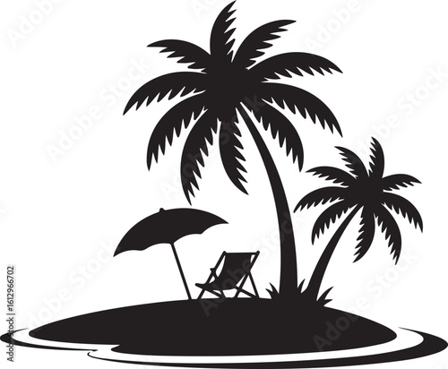 Tropical island paradise with palm trees and lounge chair beach