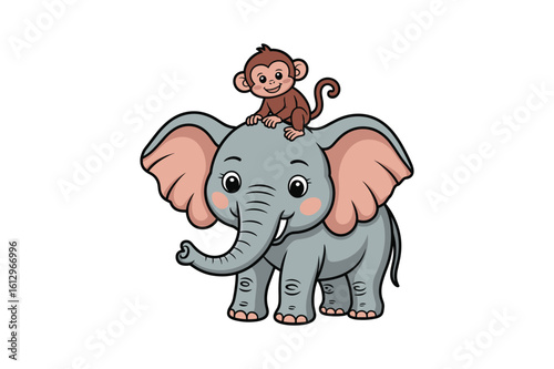Cute brown monkey sitting on a happy grey elephant vector
