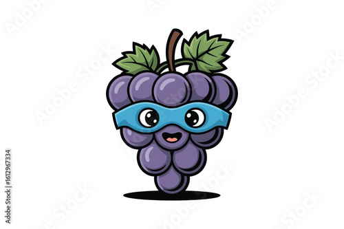 Cute superhero grape character with blue mask and green leaves fruit