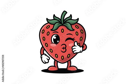 Cute strawberry character giving thumbs up and winking fruit cartoon