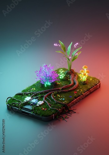 Futuristic smartphone with glowing plants and digital jungle growth