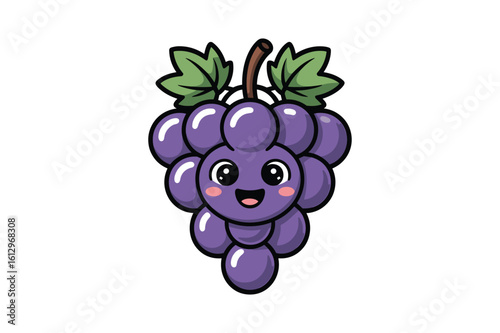 Happy purple grapes with green leaves and a brown stem vector