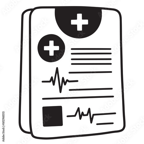 Black and white medical chart icon featuring healthcare symbols and ekg lines