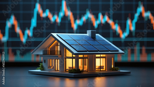 Modern house model with solar panels against a background of abstract financial stock market charts, symbolizing sustainable real estate investment, green energy future, and economic growth.