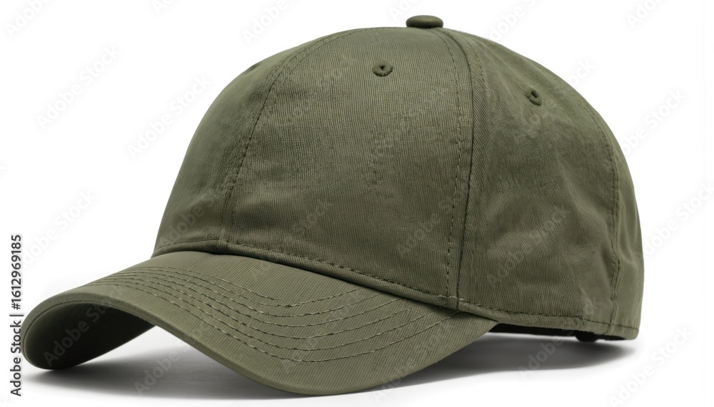 Fototapeta premium Olive green baseball cap with drawstring detail and round brim, presented on clean white background. Cap offers adjustable fit, minimalist aesthetic, versatile styling for casual wear.