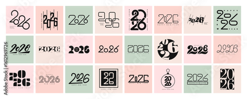 Happy New year 2026 design template. Colorful black Numbers on colorful retro background. Holiday logo creative text. Collection of vintage color icons. Vector illustration for print, web. Flat style.