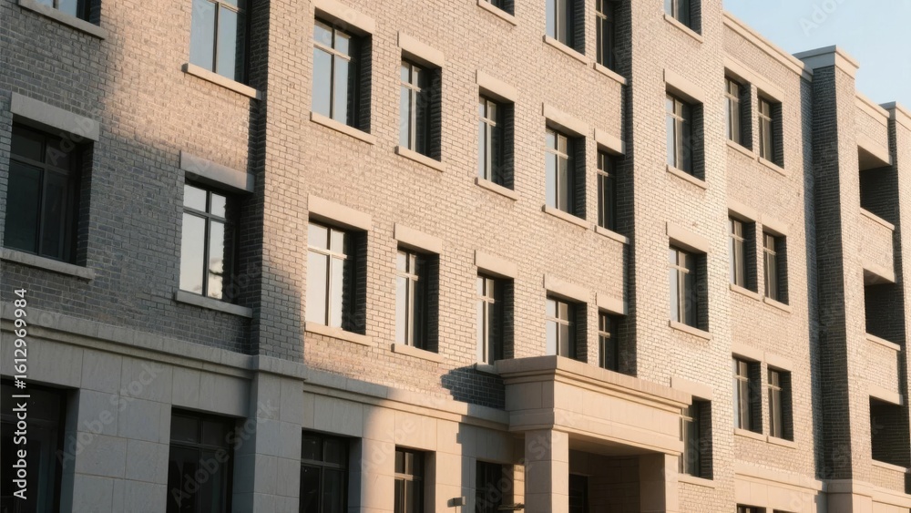 Fototapeta premium Modern Multi-Story Brick Building with Symmetrical Windows and Columned Entrance