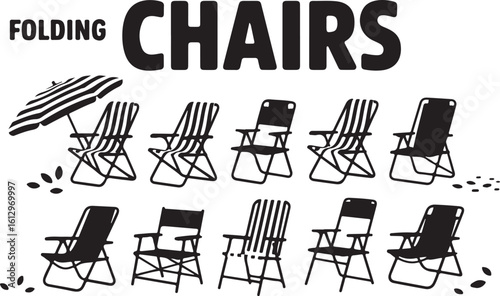 Striped and plain folding chairs with umbrella vector