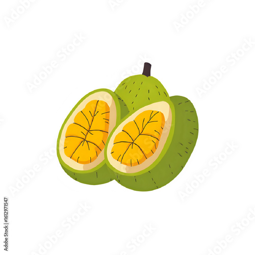 Cartoon Illustration of a Cut Open Passion Fruit with Seeds Inside