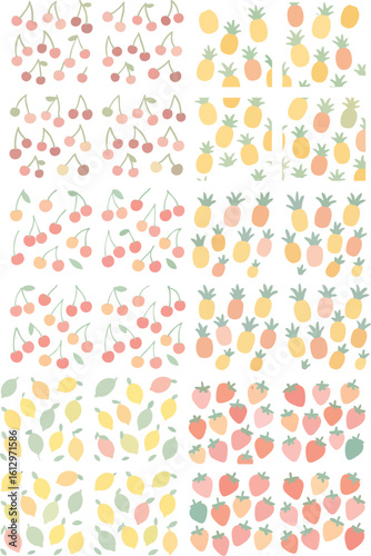 Set of seamless fruit patterns with cherry pineapple lemon and strawberry.
