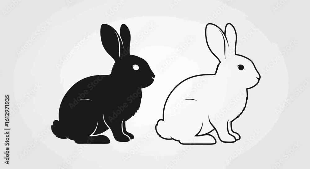 Fototapeta premium Two stylized rabbits, one black and one white, sit side-by-side.