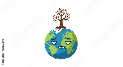 Sad Earth with a dead tree on top, symbolizing environmental damage and climate change.