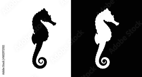 Two seahorse silhouettes, one black on white, the other white on black.