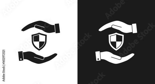 Two hands protect a shield, shown in black and white versions.