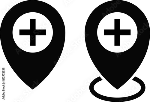 Medical location icon. healthcare map point. healthcare cross symbol. representing medical facility. pointer pinpoint emergency assistance
