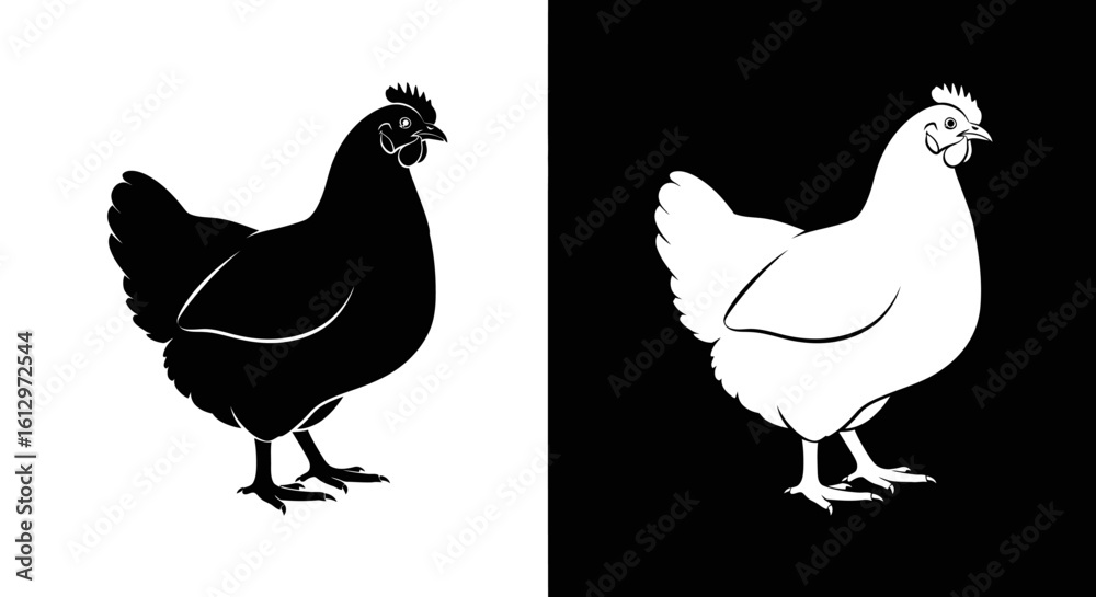 Fototapeta premium Two contrasting silhouettes of a chicken, one black, one white, on opposing backgrounds.
