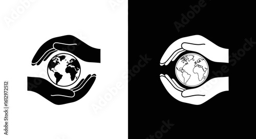 Protecting our planet:  Two contrasting graphic designs show hands gently cradling the Earth.