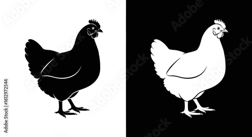 Two contrasting silhouettes of a chicken, one black, one white, on opposing backgrounds.