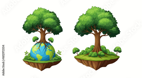 Two cartoon illustrations depict trees growing on floating land masses, one with Earth.