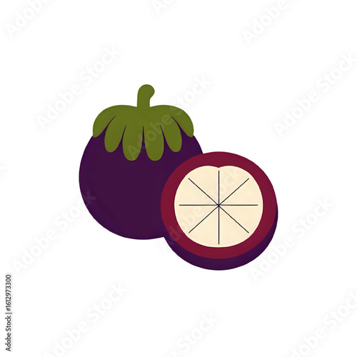 Illustration of a whole and halved mangosteen fruit on a white  background