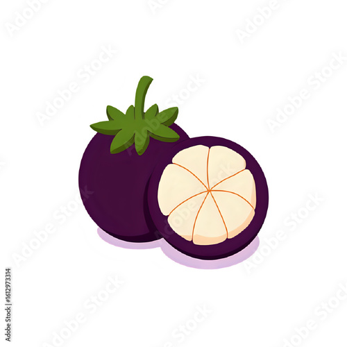 Illustration of a whole and halved mangosteen fruit on a white  background