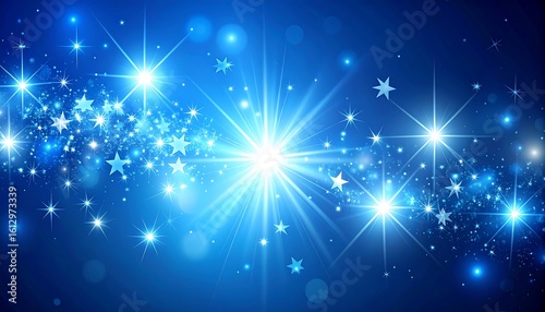 Bright blue background with glowing stars and sparkles, creating a celestial, festive feel