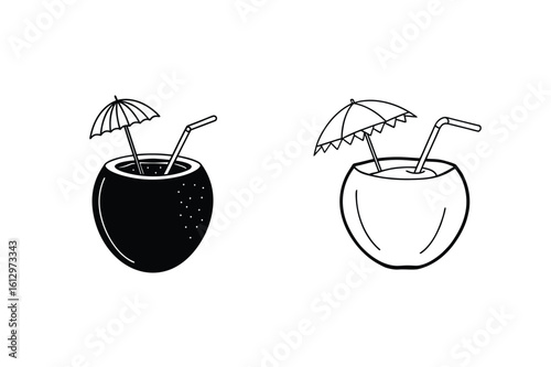 Black and white coconut drinks with umbrellas tropical