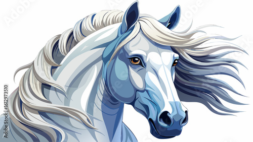 Beautiful close up  White andalusian stallion with long mane white background