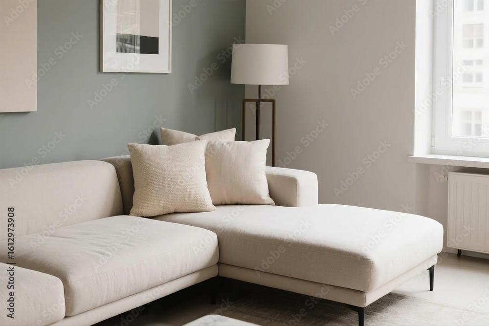 Fototapeta premium Modern sofa with neutral-toned decorative pillows in a cozy living room corner.