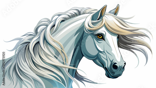 Beautiful close up  White andalusian stallion with long mane white background