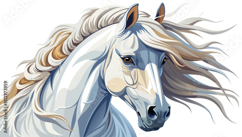 Beautiful close up  White andalusian stallion with long mane white background