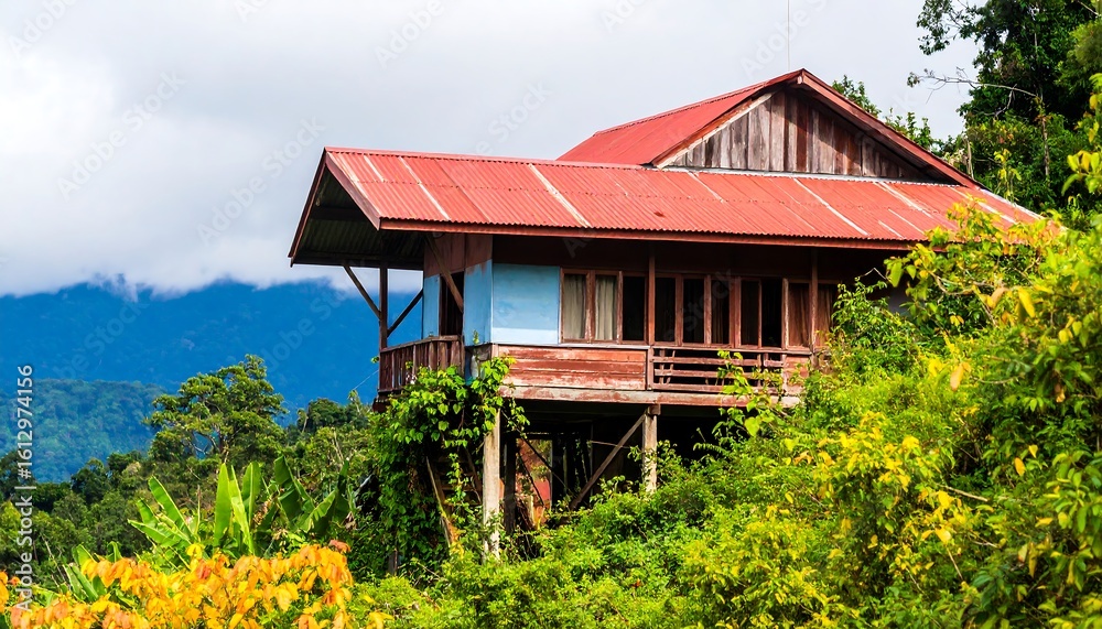 Rustic wooden house nestled in lush mountainside Rustic wooden house nestled in lush mountainside