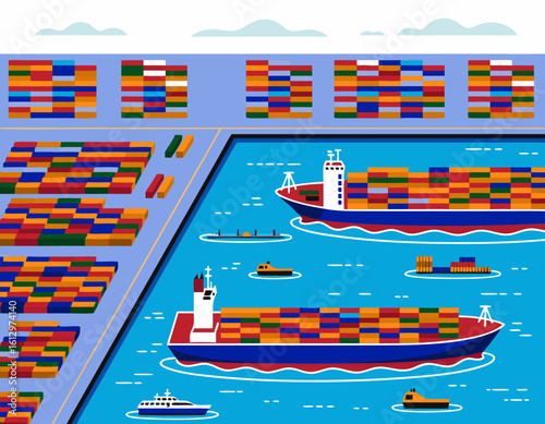 Colorful cargo ships and containers in a harbor, showcasing global trade.