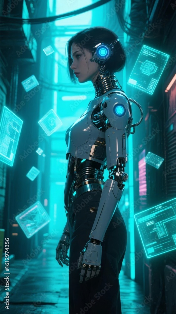 Fototapeta premium A humanoid robot with glowing blue lights stands in a futuristic, cybernetic environment.
