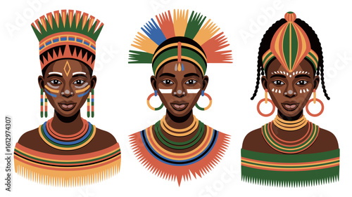 Three stylized portraits of African women, showcasing traditional tribal adornments and face paint.