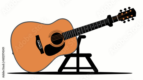 Acoustic guitar resting on a simple, black music stand.