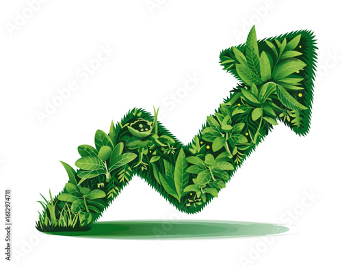 Green arrow pointing upwards, composed of various leaves and plants, symbolizing growth and environmental consciousness.