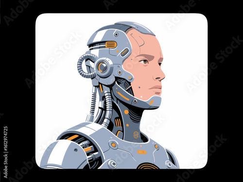 A cyborg with human face and robotic body, depicted in a side profile view.